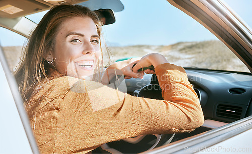 Image of Portrait, travel and woman in car for road trip, vacation or happy for adventure, wellness or relax outdoor. Transportation, young female or girl sitting in vehicle, travelling or driving for holiday