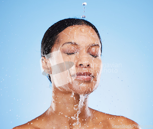 Image of Shower, water and woman cleaning face, body or washing for daily bathroom routine, self care grooming or body care. Skincare, healthcare and facial hygiene model bathing for beauty wellness treatment