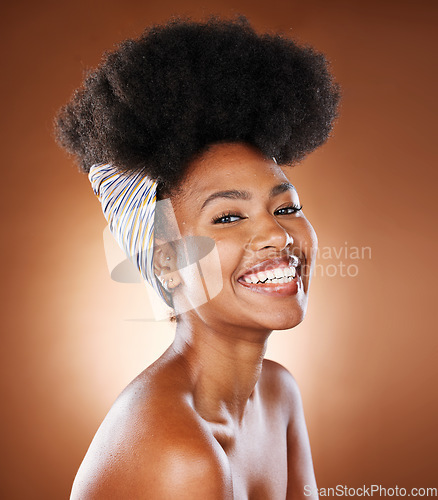 Image of Black woman, afro hair and skincare glow on studio background in healthcare wellness, face dermatology or cosmetology. Portrait, smile or happy beauty model with natural hair, head scarf and makeup