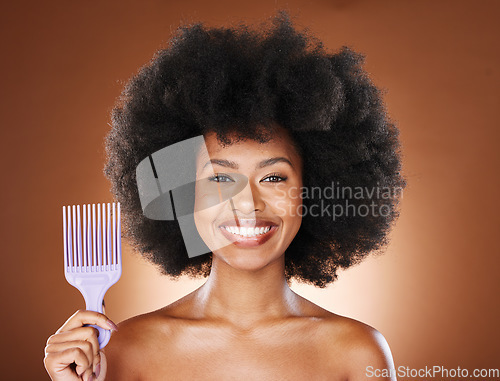 Image of Hair care, afro and portrait of black woman with comb for wellness, grooming treatment or healthy hair growth. Salon, combing brush and face of African model with product for hairstyle maintenance