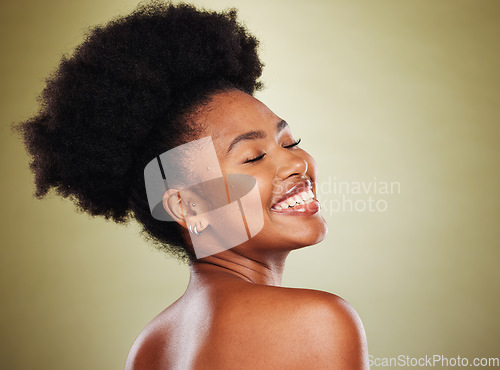 Image of Face, skincare and back of black woman with eyes closed in studio on green background mockup. Aesthetics, makeup and wellness of happy female model from Nigeria with healthy skin and natural beauty.