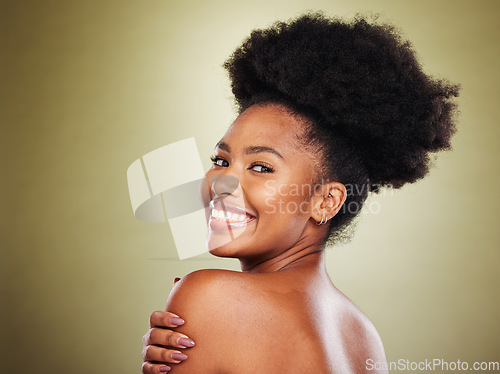 Image of Face portrait, skincare and back of black woman in studio on green background mockup. Makeup, aesthetics and wellness of happy female model from Nigeria with healthy, glowing skin and natural beauty.