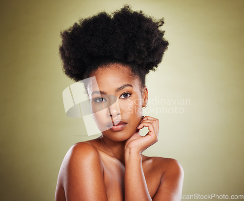 Image of Black woman, skincare beauty or model with afro in studio for hair promotion, glow skin or self love. Portrait aesthetics, natural makeup or girl from New York for health cosmetics or facial wellness