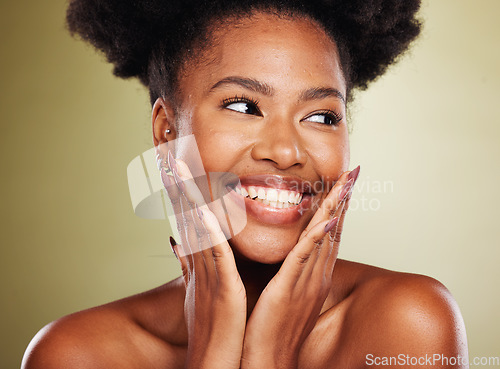 Image of Face beauty, skincare and black woman in studio on a green background. Aesthetics, makeup and happy female model from Nigeria touching skin or thinking about cosmetics for health or facial wellness