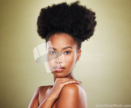 Image of Beauty, skincare and black woman portrait with skin glow from dermatology and cosmetic wellness. Young woman model calm after natural body selfcare, face cleaning cosmetics and healthy facial