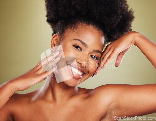 Image of Skincare, beauty portrait or face of black woman satisfied with natural facial treatment, wellness routine or luxury cosmetics. Makeup, dermatology self care or aesthetic model with healthy skin glow