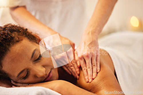 Image of Spa, back massage and senior woman at wellness, healing and luxury resort for health therapy. Calm, zen and elderly woman from Colombia doing body care, self care and relaxing session with therapist.