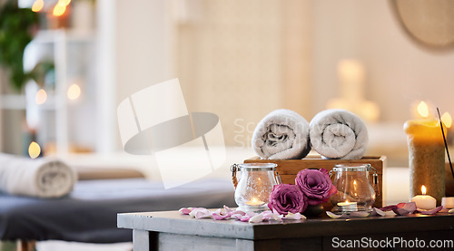 Image of Relax, peace and calm at a luxury spa for wellness, health and zen during a massage. Candles, flowers and healing environment at a salon for stress relief, relaxation and physical therapy on vacation