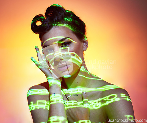 Image of Neon, color lights and makeup woman in studio for creative cosmetics, fashion and hair mockup with matrix, futuristic or gen z marketing. Disco, creativity and art model with unique portrait makeup