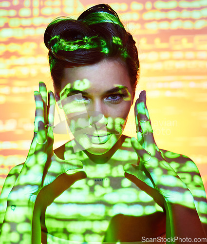 Image of Frame, neon lights and makeup of woman in studio on gradient background. Photo frame, creative cosmetics or futuristic fashion portrait of female model, matrix or gen z, art or cyberpunk aesthetics