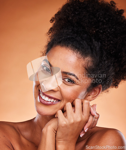 Image of Black woman, hands and beauty portrait for skincare, cosmetics or makeup against a studio background. African American female face smile with teeth in satisfaction for perfect facial skin treatment