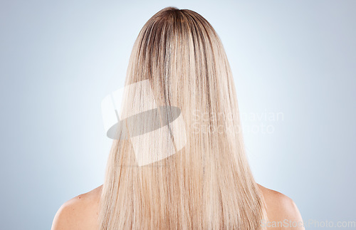 Image of Hair care, woman and back for natural beauty, keratin and luxury against grey studio background. Mockup, female and lady with smooth hair, texture and wellness for hairstyle treatment and shine.