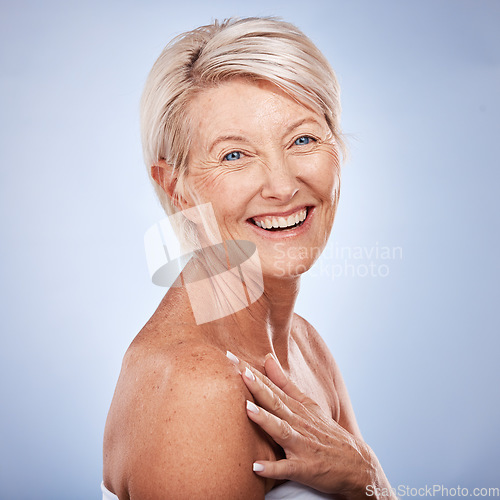 Image of Senior, skincare and beauty portrait of a elderly woman feeling happy about skin health facial. Model face with cosmetic, dermatology and smile about collagen, body wellness and glow with happiness