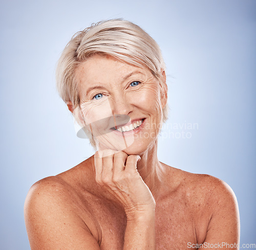 Image of Skincare, natural and beauty senior woman in studio headshot portrait for wellness, dermatology or cosmetics health. Happy, smile and face of old woman or elderly model with antiaging cosmetic facial