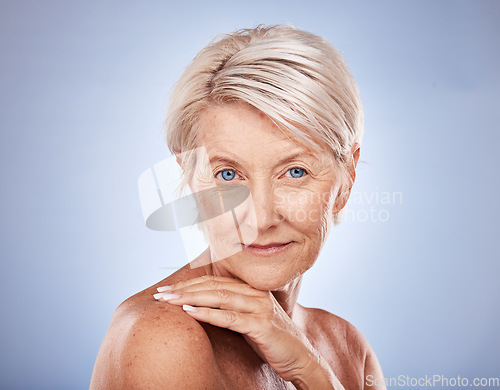 Image of Face portrait, skincare or senior woman for beauty, natural makeup or health in studio. Model, wellness or facial skin healthcare with elder from Australia for aesthetic cosmetic, anti aging or botox