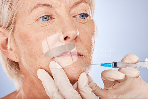 Image of Plastic surgery, syringe and senior woman with needle, skincare injection and wellness on grey studio background. Health, mature lady and elderly female with body care, cosmetics or dermatology.