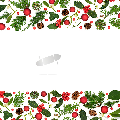 Image of Christmas Winter Holly Flora Red Bauble Background Border