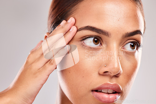 Image of Black woman model, nose ring or skincare face for facial beauty, wellness or natural cosmetic makeup in studio. Healthy skin, luxury health or young girl for healthcare cosmetics product or spa