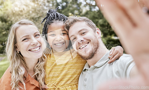 Image of Adoption, family and with black girl for selfie, smile and happy together outdoor for bonding. Love, foster parents and daughter with mother, father and loving for break, holiday and happiness.