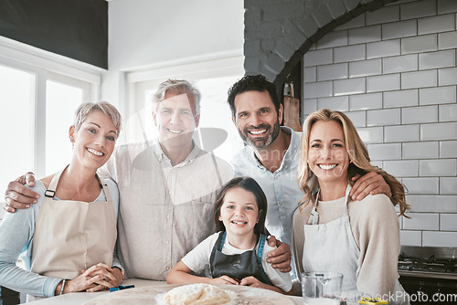 Image of Cooking, help and portrait of big family in kitchen for happy, learning and food together. Support, smile and chef with parents teaching child baking skills with grandparents at home for cake dessert