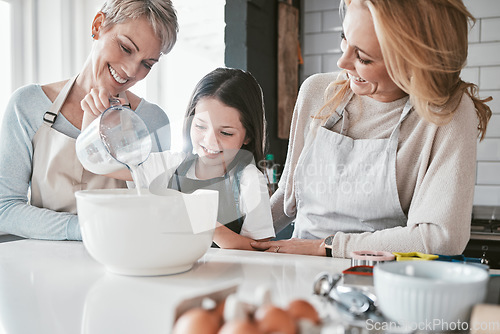 Image of .Cooking, kitchen and grandmother with child teaching, learning and helping together for mothers day cake, cookies or breakfast. Bonding family, mom and kid baking dessert with eggs and food at home.