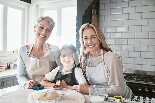 Image of .Portrait mom, grandmother and kid baking together at kitchen counter, home and house for love, teaching and development. Happy family of girl child, mother and grandparent learning cookies recipe.