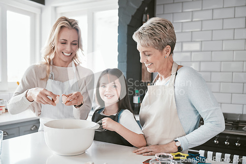 Image of .Family, learning and cooking with grandmother in kitchen together for bond, cookies and wellness. Food, baking and mother teaching young daughter baker recipe with grandma in Australia home.