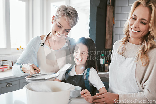 Image of .Family, grandmother and child cooking together in kitchen for learning, fun or quality time bonding. Generations, grandma teaching kid and mother support happy kid chef for love in family home.