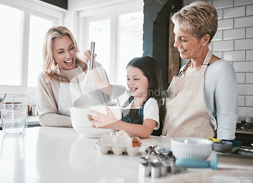 Image of Mom, grandma and child baking in kitchen, happy generations of family teaching and learning in home. Love, support and home cooking together, happy girl with mother and grandmother bonding with food.