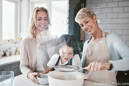 Image of Happy family cooking of child, mother and grandmother teaching youth kid baking, food prep or prepare wheat flour ingredient. Love, female generation and kitchen bonding fun for girl learning to bake