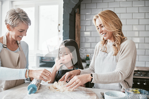 Image of Mom, grandmother and kid baking with flour dough at kitchen counter, family home and house for love, teaching and learning together. Girl kid helping mother and grandparent making cookies for dessert