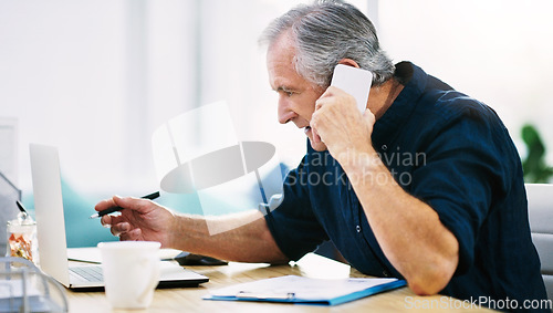 Image of Phone call, stress and mature man with laptop and budget report, problem or glitch in fintech ux. Home finance, crm and online payment planning, man in retirement on phone with advisory helpline.