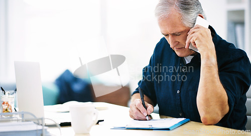 Image of Phone call, documents and senior businessman planning, networking and communication about administration. Strategy, contact and elderly remote employee writing notes while on the phone in a house