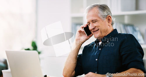 Image of Laptop, phone call and business man in office for corporate communication, social networking and online company sales negotiation. Senior professional businessman talking on cellphone voip technology