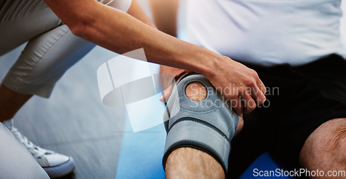 Image of Physiotherapist hands, knee brace and man with injury, pain and torn muscle. Physiotherapy, male patient and female medical professional help, consulting and rehabilitation for leg and healthcare.