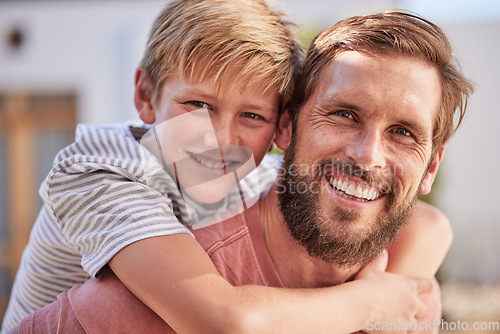 Image of Happy family, portrait and father with son in a garden, relax and bond while playing, laughing and having fun at home, Face, smile and parent with child in backyard, enjoying vacation day in Canada