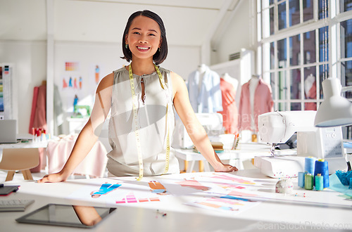 Image of Portrait, fashion and designer with paper, drawing or sketch while planning style, tailor and texture in studio or workshop. Asian woman, smile and happy with career, small business or career vision