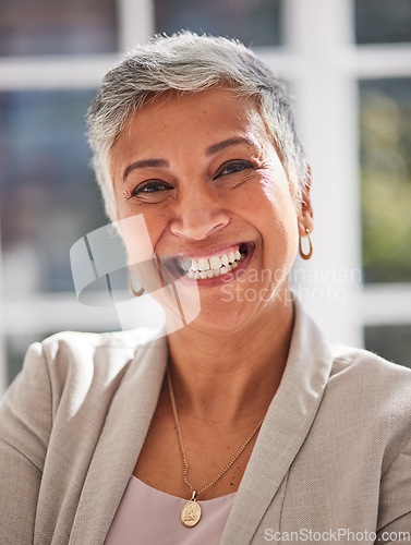 Image of Senior, smile and portrait of business woman for management, leadership and mentor in urban office. Vision, happy and coaching with face of ceo for future, growth and manager in corporate company