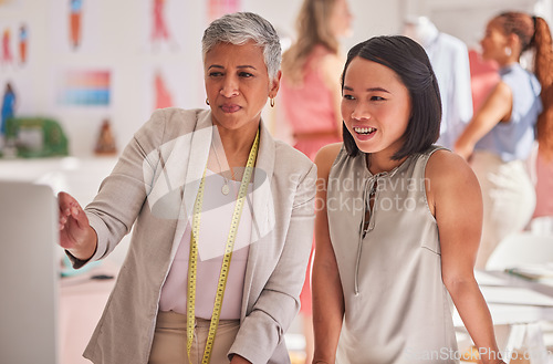 Image of Fashion, designer and collaboration with business women and idea for retail, fabric and textile review in workshop studio. Boutique, factory and coaching with ceo and employee in tailor industry