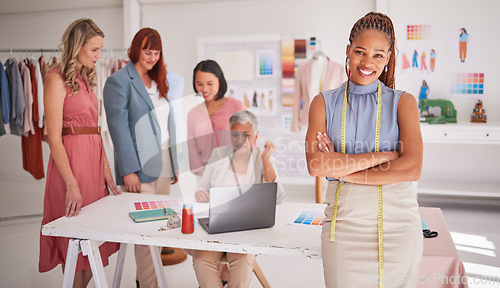 Image of Black woman, fashion designer small business team in workshop, startup and creative textile studio. Portrait of happy seamstress, dressmaker and production manager working in manufacturing company