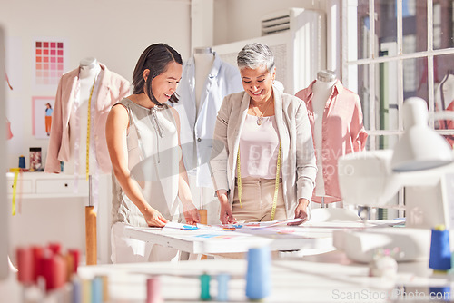 Image of Teamwork, collaboration and fashion designer team working on a new collection, planning and sharing vision in a design studio. Partnership, women and creating thinking for fashion, clothing and idea