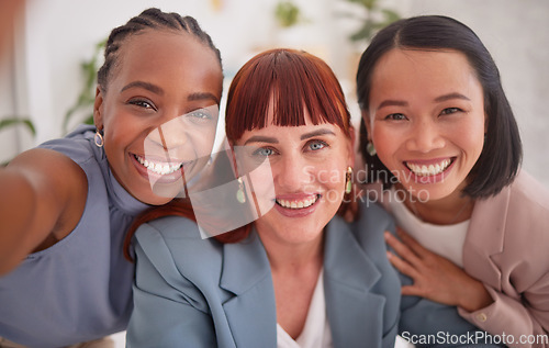 Image of Selfie smile, office and business people, women or colleagues take photo for happy memory. Face portrait, diversity and group of employees, friends or coworkers taking picture for social media post
