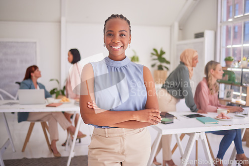 Image of Office portrait of designer, team leader or confident black woman ready for interior design, management or leadership. Women empowerment, success and diversity business people with trust in manager