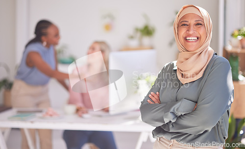 Image of Hijab, senior business manager and woman portrait of a muslim ceo happy about office teamwork. Proud web marketing leader with working women team smile about startup success and leadership growth