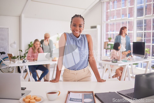 Image of Leader, vision and black woman in office for training, collaboration and teamwork, happy and proud. Portrait, leadership and woman mentor with vision, goal and mission for success at corporate job