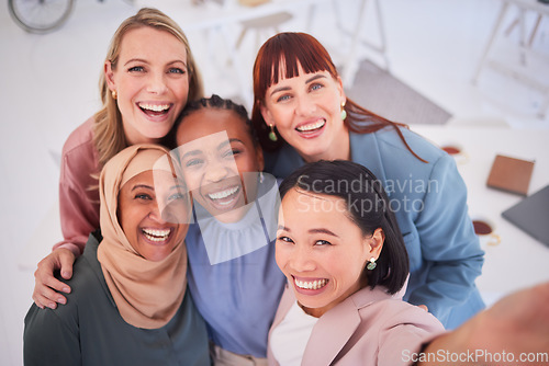 Image of Business, friends and office selfie with happy business women excited, inclusive and relax together. Diversity, face and team of empowered businesswomen smile for picture in support of collaboration