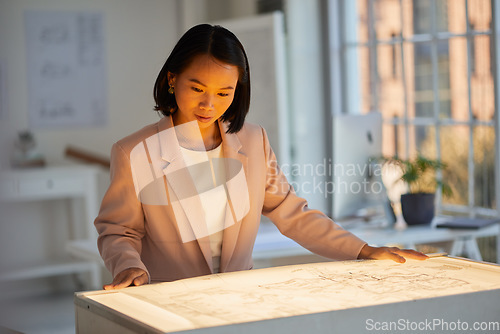 Image of Architect, blueprint and planning on paper, strategy and floor plan, construction and building design in architecture company. Expert, engineering female or industrial engineer thinking and idea