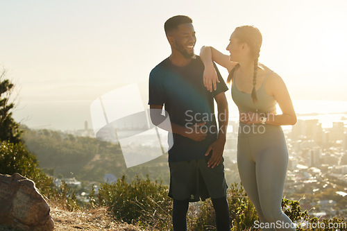 Image of Fitness, nature sunset and diversity friends relax on cardio workout, hiking exercise or couple training. Freedom peace, sky flare and black man and woman running in Los Angeles Hollywood mountains