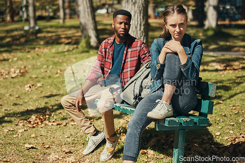 Image of Angry, fight and interracial couple in conflict in a park with stress about divorce, mental health and marriage fail. Depression, sad and black man and woman frustrated with a problem in nature