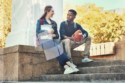 Image of University, students and friends in conversation for education, social interaction or talking at the campus. Man and woman in communication, socializing or discussion for learning scholarship outside